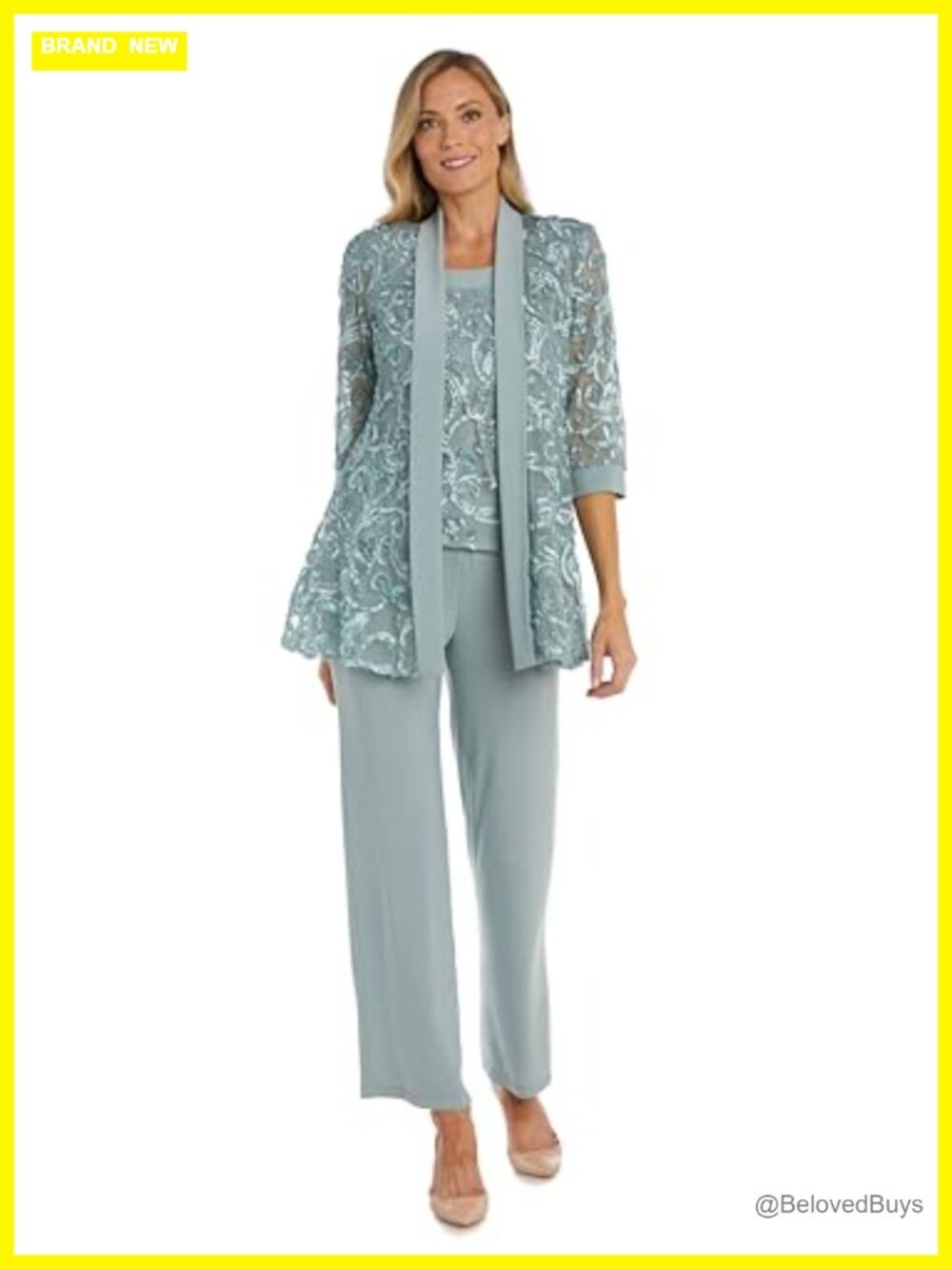 R&M Richards 3/4 Sleeve Mock Jacket Soutache Pant Set Formal Suit